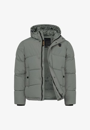 Veste d'hiver grise rembourrée avec capuche, fermeture éclair noire partiellement ouverte, boutons-pression et deux poches avant avec boutons.