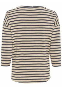 Beige and navy blue long-sleeve shirt with horizontal stripes, crew neckline, and a relaxed fit shown from the back.