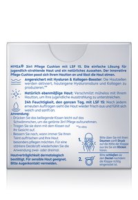 Die Verpackung des NIVEA 3-in-1 Pflege Cushions zeigt eine silberne Box mit blauer Schrift, die Produktvorteile, Anwendungshinweise und Anwendungsschritte beschreibt.