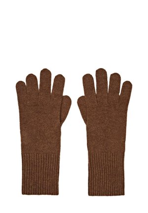 Gants en tricot brun avec des poignets en côte, présentant un tissu texturé et un design de séparation des doigts pour un mouvement individuel des doigts.