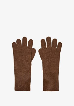 Gants en tricot brun avec des poignets en côte, présentant un tissu texturé et un design de séparation des doigts pour un mouvement individuel des doigts.