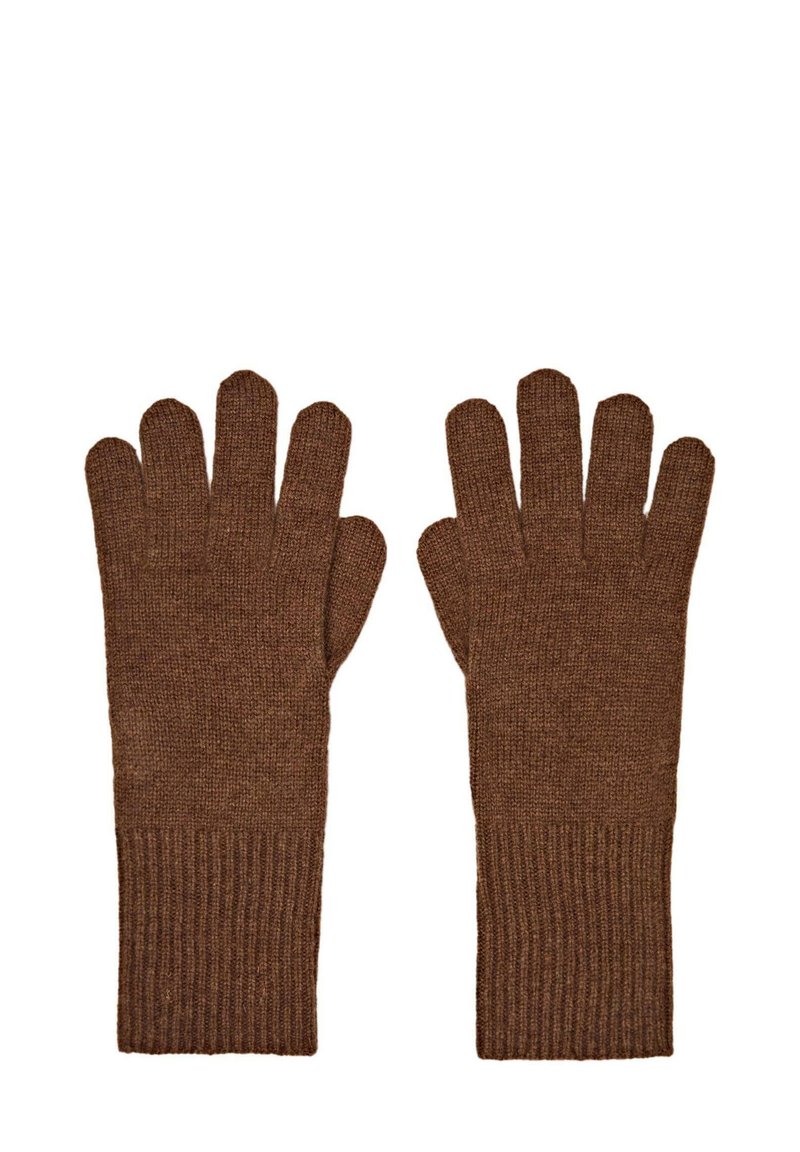 Braune gestrickte Handschuhe mit gerippten Bündchen, die einen strukturierten Stoff und ein Fingertrennungsdesign für individuelle Fingerbewegungen aufweisen.