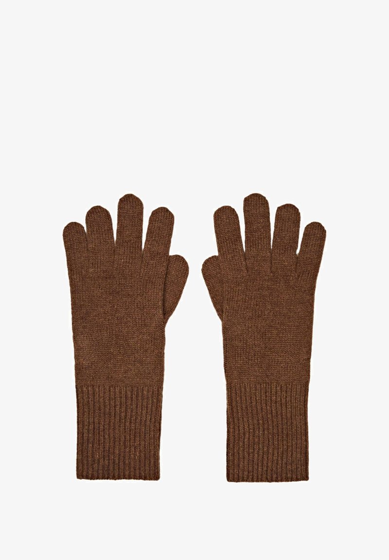Braune gestrickte Handschuhe mit gerippten Bündchen, die einen strukturierten Stoff und ein Fingertrennungsdesign für individuelle Fingerbewegungen aufweisen.