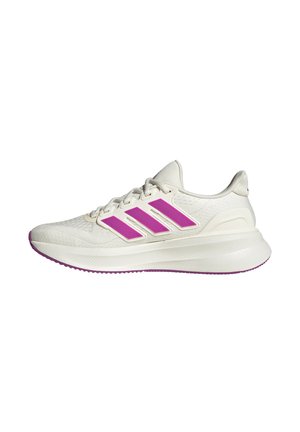 White athletic shoe with purple Adidas stripes, mesh upper, cushioned sole, and purple outsole, shown in side profile.