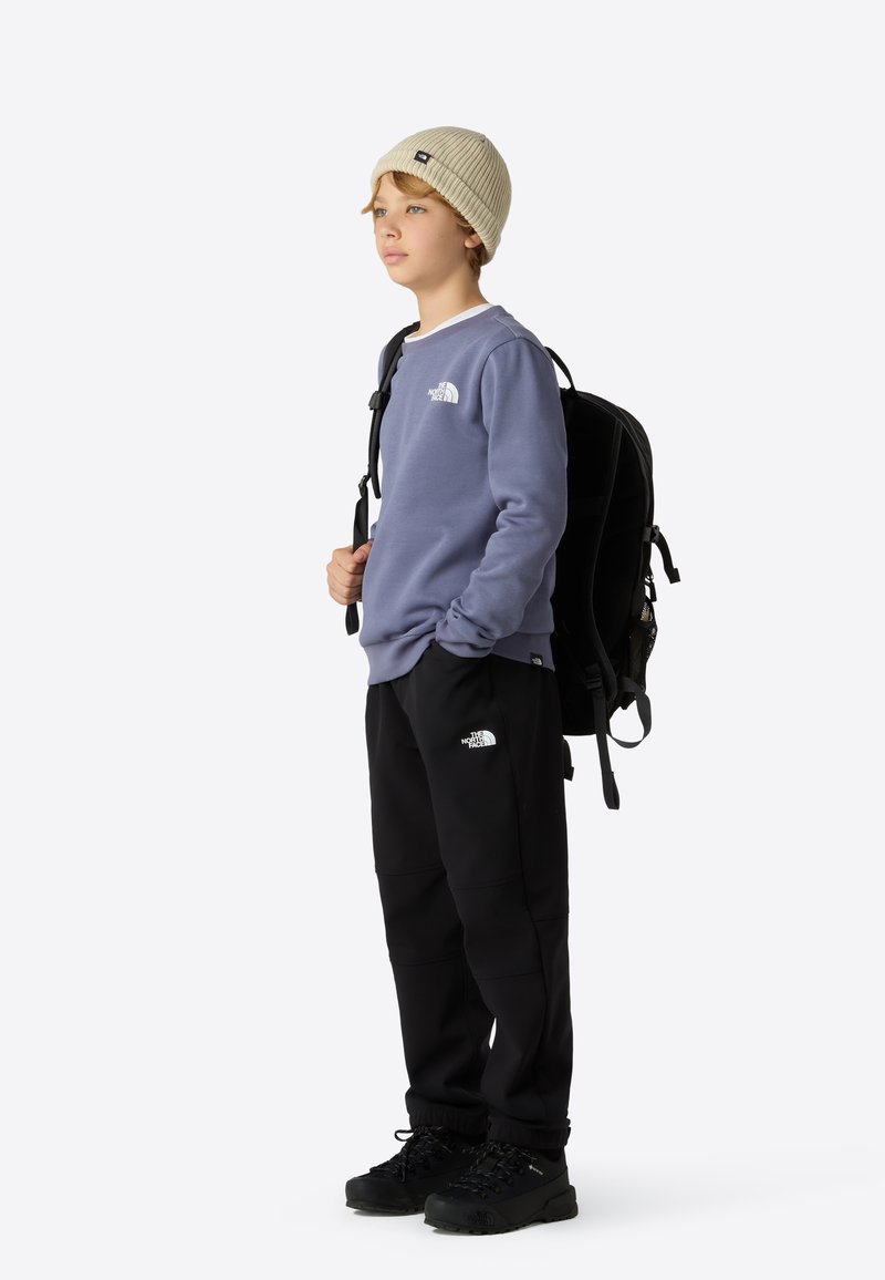 Felpa viola, pantaloni neri e un berretto lavorato a maglia crema. Zaino nero con cinghie regolabili. Presenta dettagli logo sull'abbigliamento.