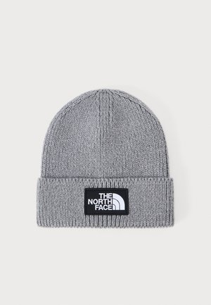 Gray knit beanie with a folded cuff, featuring a black rectangular logo patch displaying "THE NORTH FACE" in white text.