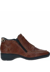 Bottines en cuir brun avec un bout pointu, dotées de fermetures éclair latérales et d'un panneau texturé au talon. Semelle en caoutchouc noir.