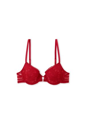 Reggiseno imbottito in pizzo rosso con ricami floreali, spalline regolabili e chiusura posteriore con gancio. Presenta pannelli laterali e dettagli con bordo smerlato.