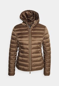 Braune gesteppte Steppjacke mit Kapuze, langen Ärmeln und Reißverschluss vorne, auf einem weißen Hintergrund präsentiert.