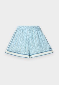 Světle modré šortky s geometrickým vzorem, elastickým pasem a kontrastním lemováním. Vyrobeno z prodyšné tkaniny pro pohodlí.