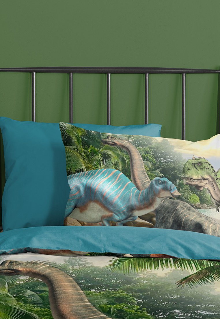 Dinosaurier-Themen Bettwäsche-Set, das lebendige Blau- und Grüntöne, weichen Stoff und detaillierte Muster von Dinosauriern und Pflanzen enthält.