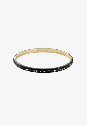 Zwarte bangles met gouden accenten, voorzien van gegraveerde "FURLA 1927" tekst en kleine heldere kristallen die rondom de band zijn ingebed.