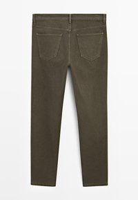 Olive green slim-fit pants with two back pockets, belt loops, and stitched seams, displayed flat on a white background.