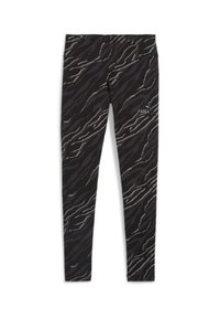 Zwarte leggings met een gestructureerd, golfachtig patroon in donkergrijs en lichtgrijs. Elastische tailleband met een subtiel logo op het onderbeen.