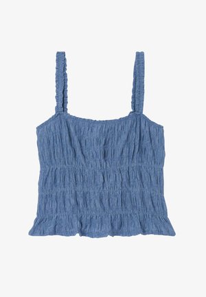 Top court bleu sans manches smocké avec bretelles à volants et tissu texturé.