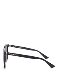 Schwarze, übergroße Sonnenbrille mit rechteckigen Gläsern, ausgestattet mit goldener "ISABEL BERNARD"-Markierung und schlanken Kunststoffbügeln.