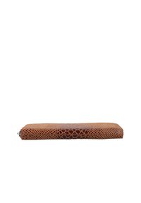 Rectangular brown wallet with a snakeskin pattern, lying flat with a zipper closure visible on one end.