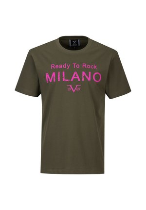Olive green crew neck T-shirt with pink text "Ready To Rock MILANO 19V69" printed on the front.
