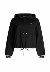 Čierna zkrátená mikina vyrobená z mäkkej tkaniny s kapucňou na šnurovanie, elastickými manžetami a logom na hrudi a detailmi na leme.