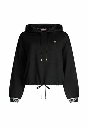 Schwarze, taillierte Kapuzenjacke aus weichem Material mit Kordelzug-Kapuze, elastischen Bündchen und Logo-Akzenten auf der Brust sowie am Saum.
