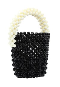 Borsa a tracolla nera con corpo arrotondato e manico in perline bianche. Texture liscia e lucida con un design geometrico formato dalle perline.