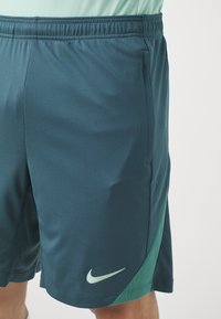 Turkoosi urheilusortsit, joissa on teksturoitu kangas, joustava vyötärö, sivutaskut ja vihreä korostuspaneeli. Varustettu pienellä logolla.