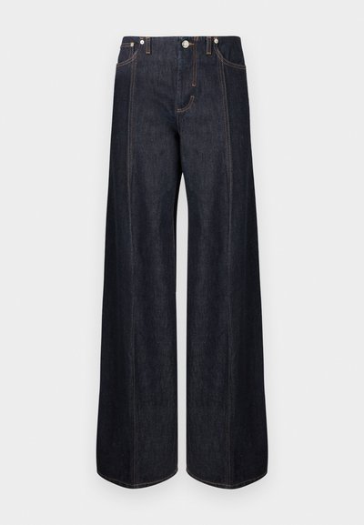 Dark blue wide-leg jeans with front pockets, belt loops, and orange stitching, displayed on a plain white background.