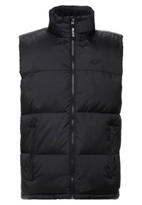 Svart vadderad ärmlös väst med ståkrage, dragkedja framtill, två fickor med dragkedja på sidorna och en liten logotyp på bröstet.