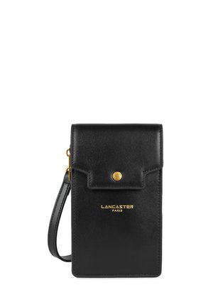 Black leather phone pouch with a flap closure, gold hardware, and embossed "LANCASTER PARIS" logo, featuring a detachable strap.