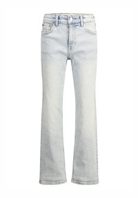 Vaaleansinisiä farkkuja, joissa on leveä lahje, korkea vyötärö, viisi taskua ja metallinen napin sulku. Haalistunut pinta hienovaraisilla ompeluyksityiskohdilla.