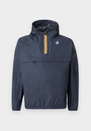 Μπλε ναυτικό ανεμοθώρακας με κουκούλα και μπροστινό φερμουάρ μισού μήκους με πολύχρωμη ρίγα, ελαστικά μανίκια και μικρό λογότυπο στο στήθος.