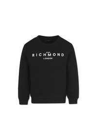 Felpa nera in misto cotone, con collo rotondo, maniche lunghe e testo bianco che dice "JOHN RICHMOND LONDON" sulla parte anteriore.