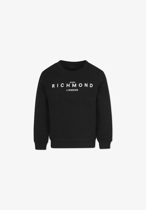 Felpa nera in misto cotone, con collo rotondo, maniche lunghe e testo bianco che dice "JOHN RICHMOND LONDON" sulla parte anteriore.