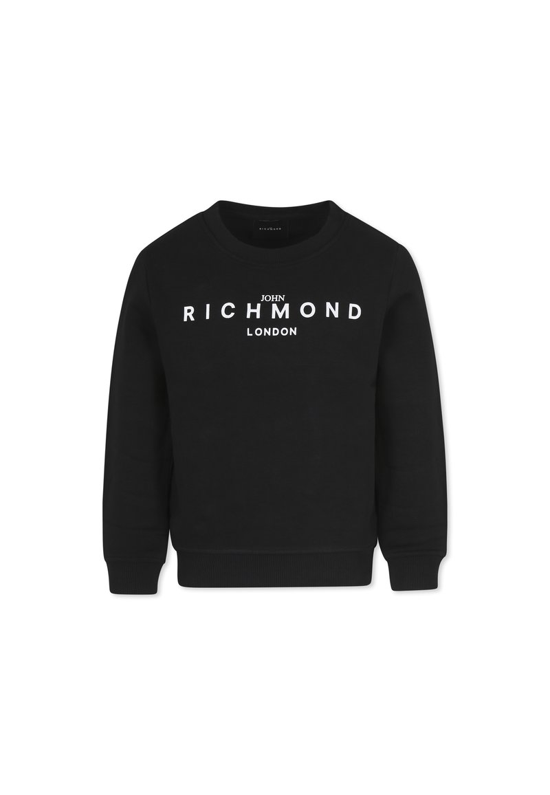 Felpa nera in misto cotone, con collo rotondo, maniche lunghe e testo bianco che dice "JOHN RICHMOND LONDON" sulla parte anteriore.