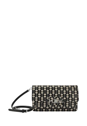 Borsa nera con motivo floreale, realizzata in pelle, dotata di hardware in argento e tracolla rimovibile. Forma rettangolare con chiusura a patta.