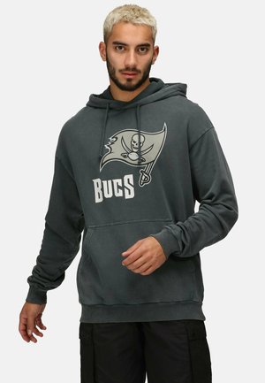 Dark gray hooded sweatshirt featuring a Buccaneers logo and text. Made of soft fabric with a front pocket and ribbed cuffs.