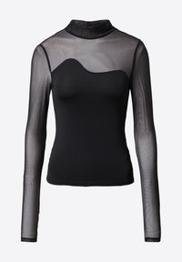 Top lungo nero a maniche, con parte superiore in rete trasparente, collo alto e un design con ritagli scolpiti. Tessuto liscio con silhouette aderente.
