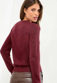 Vīna sarkana džempera izgatavots no adīta auduma, ar garām piedurknēm, apaļu izgriezumu un ribotām apakšmalām. Kombinēts ar brūnām ādas biksēm.