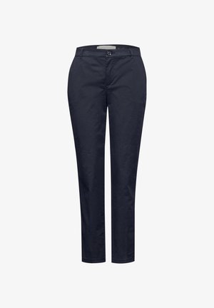 Marineblau, gerade geschnittene Hosen aus leichtem Stoff mit Knopfverschluss, Fronttaschen und einer glatten Textur.