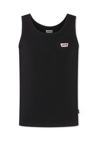 Top senza maniche nero a coste con scollatura rotonda, caratterizzato da un piccolo etichetta bianca con il nome del marchio sul davanti e un'etichetta rossa sul lato.
