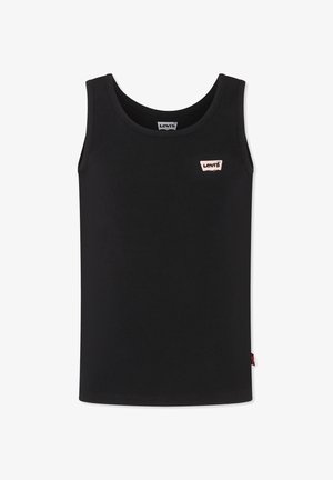 Top senza maniche nero a coste con scollatura rotonda, caratterizzato da un piccolo etichetta bianca con il nome del marchio sul davanti e un'etichetta rossa sul lato.