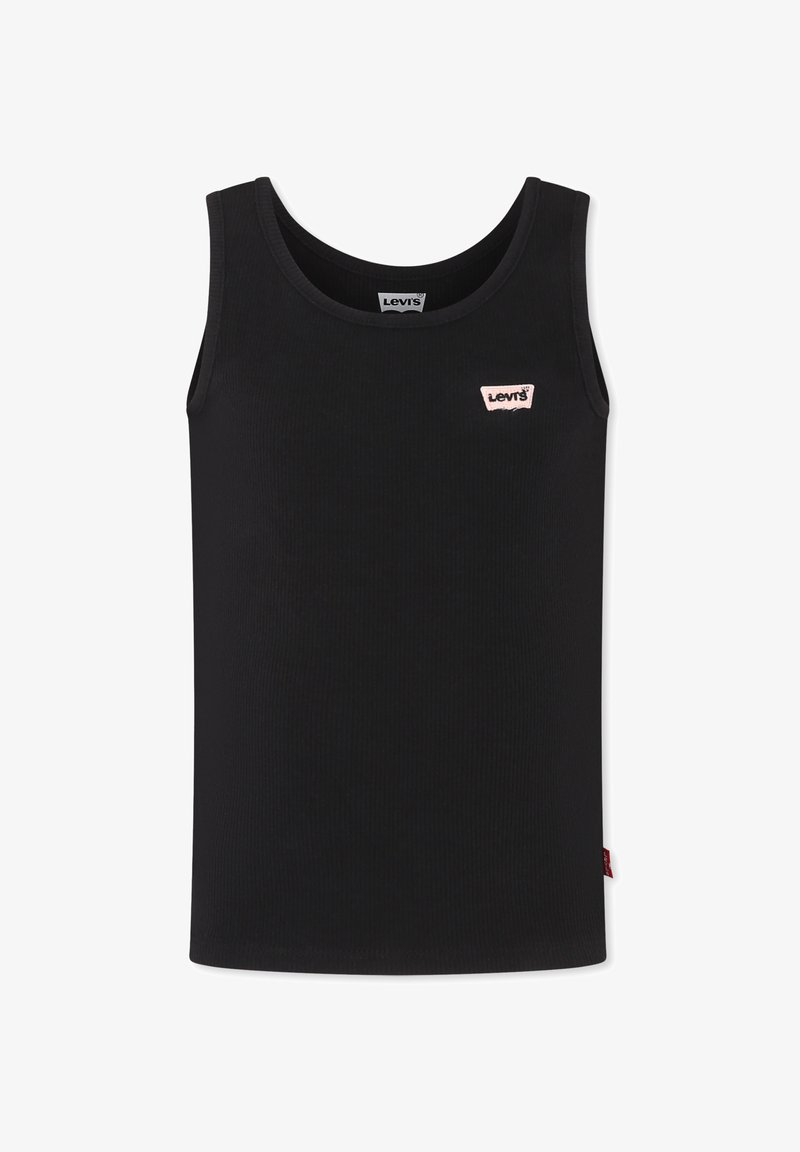 Top senza maniche nero a coste con scollatura rotonda, caratterizzato da un piccolo etichetta bianca con il nome del marchio sul davanti e un'etichetta rossa sul lato.