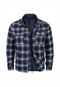 Veste à carreaux marine avec un motif à carreaux blancs, deux poches poitrine, fermeture à boutons et doublure intérieure. Tissu texturé avec une apparence chaleureuse.
