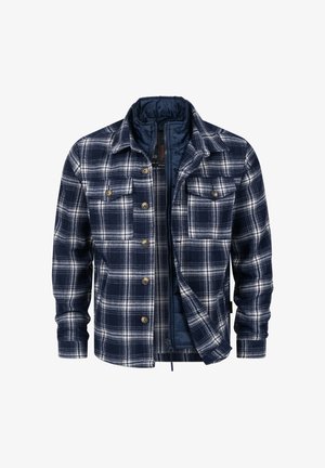Marineblauwe geruite jas met wit controlepatroon, twee borstzakken, knoopsluiting en binnenvoering. Gestructureerde stof met een warme uitstraling.