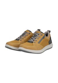 Yellow suede and mesh shoes with gray accents, featuring lace-up design, side zipper, and a cushioned sole for comfort.