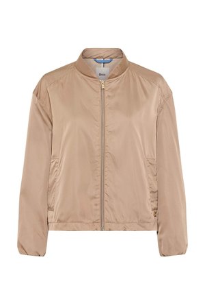 Giacca bomber in satin marrone chiaro con cerniera frontale, collo alla coreana, maniche lunghe e tasche laterali, etichetta del marchio all'interno del collo.