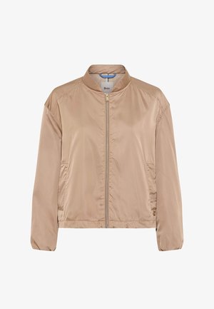 Giacca bomber in satin marrone chiaro con cerniera frontale, collo alla coreana, maniche lunghe e tasche laterali, etichetta del marchio all'interno del collo.