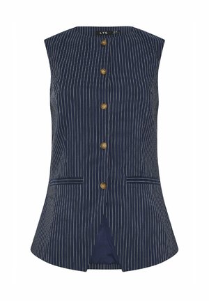 Gilet senza maniche blu navy con sottili righe verticali bianche, cinque bottoni frontali, due tasche orizzontali a fessura e una leggera svasatura all'orlo.