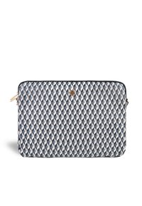 Laptop case featuring a geometric pattern in blue, white, and gray tones, made from textured fabric with a zipper closure and gold hardware.
