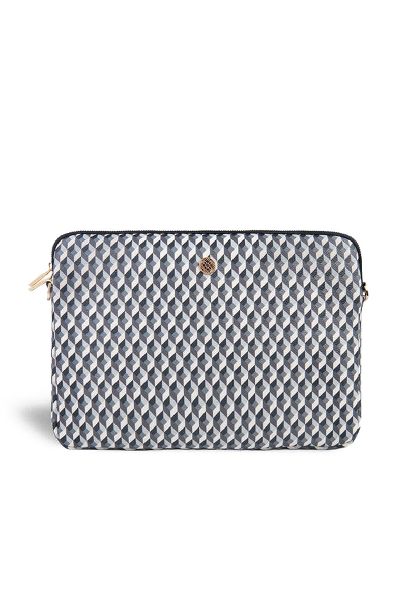 Laptop case featuring a geometric pattern in blue, white, and gray tones, made from textured fabric with a zipper closure and gold hardware.